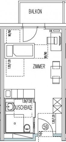 Grundriss Apartment Nr. 59 STUDENTEN-APARTMENTS im  Campus Bahnmuseum  (Wohnung Nr. 59 mit Balkon)
