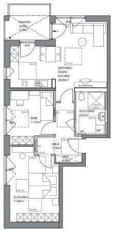 Grundriss Wohnung B 2.27  Dreizimmerwohnung im Linden-Park  in Augsburg-Haunstetten
